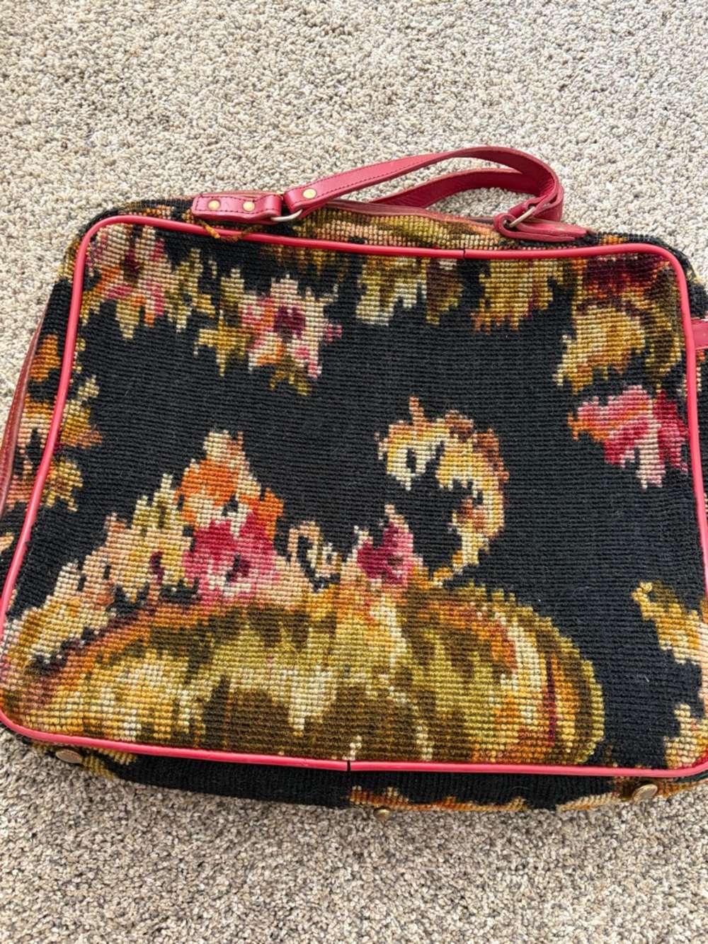 Vintage Koret Floral Needlepoint Tote with Pink Trim